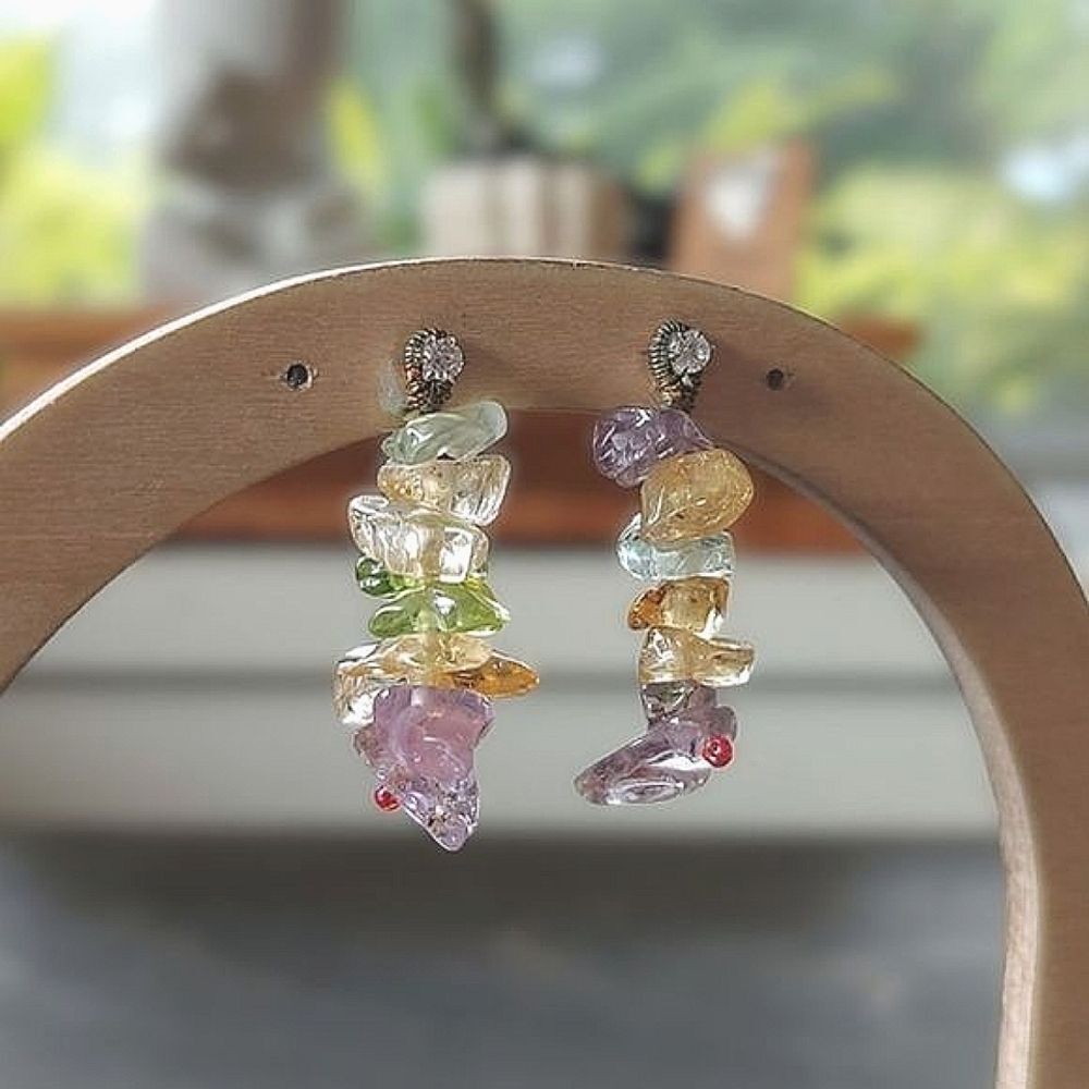 Vtg mixed gemstone rainbow drop earrings